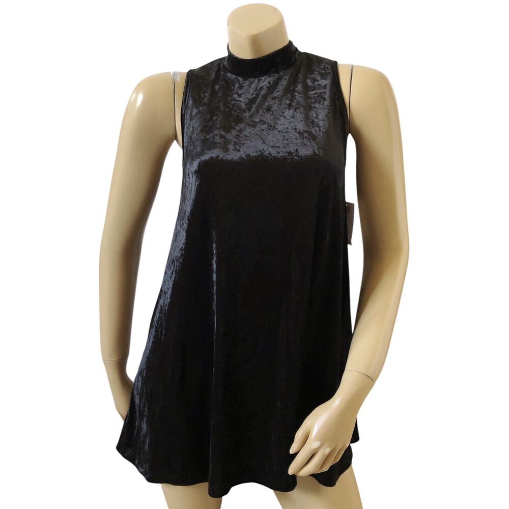 mmmm Black Crushed Velvet Mock Neck Sleeveless Tunic Top Womens Small NWT Party